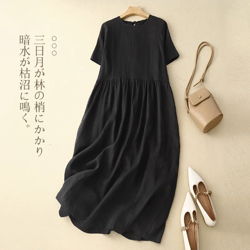 Women Cotton Linen Midi Dresses Summer Chic Female Vestidos Loose  A-Line Boho Dress Short Puffy Sleeve Casual Sundress New