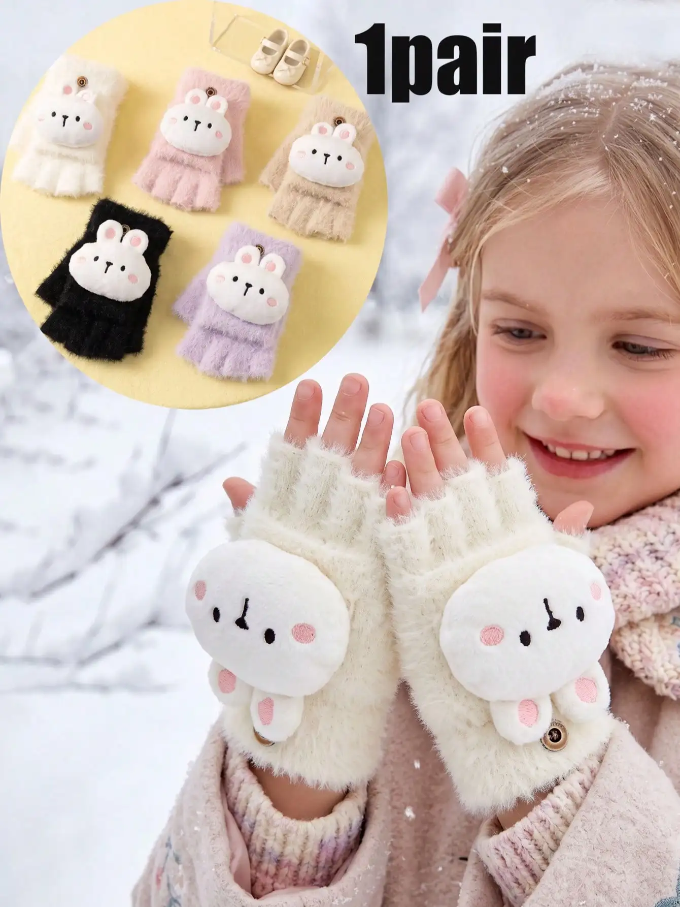 1pair 5-15Y Cute Girls Kids Plush Flip Fingerless Gloves, 3D Rabbit Decor Sweet Girls Accessory