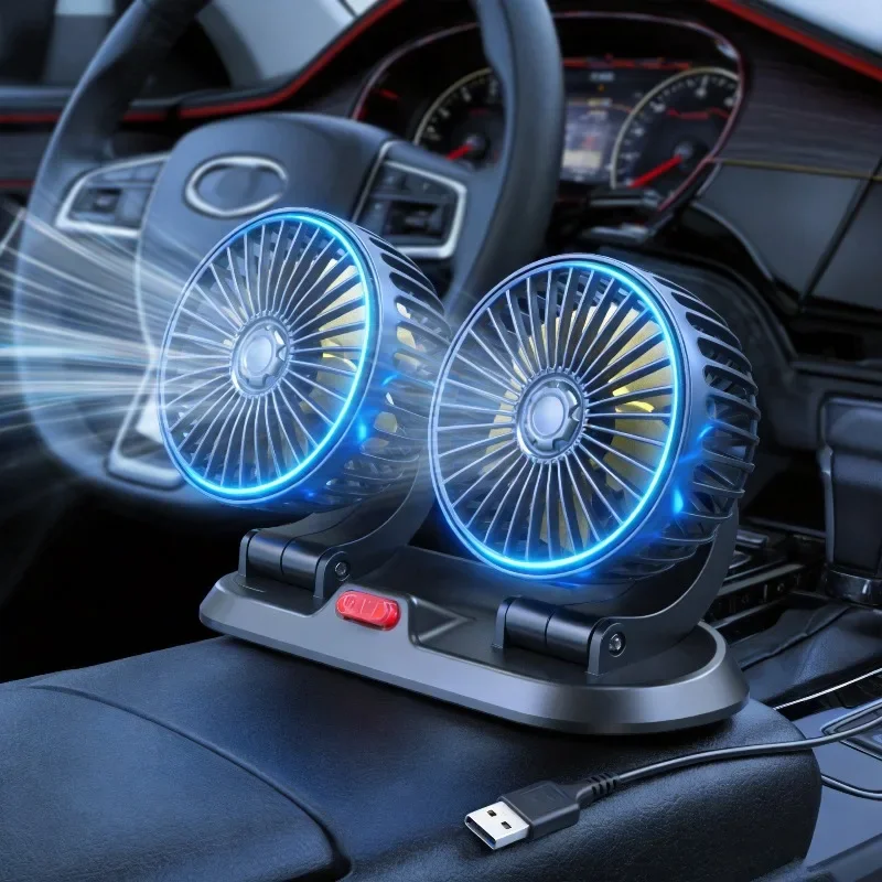 Ventilador de Carro 1/2/3 Cabeças, Ventilador de Ar para Verão, USB/12V/24V, Ajustável com 2 Velocidades, Ventilador Silencioso para Casa, Escritório e Carro