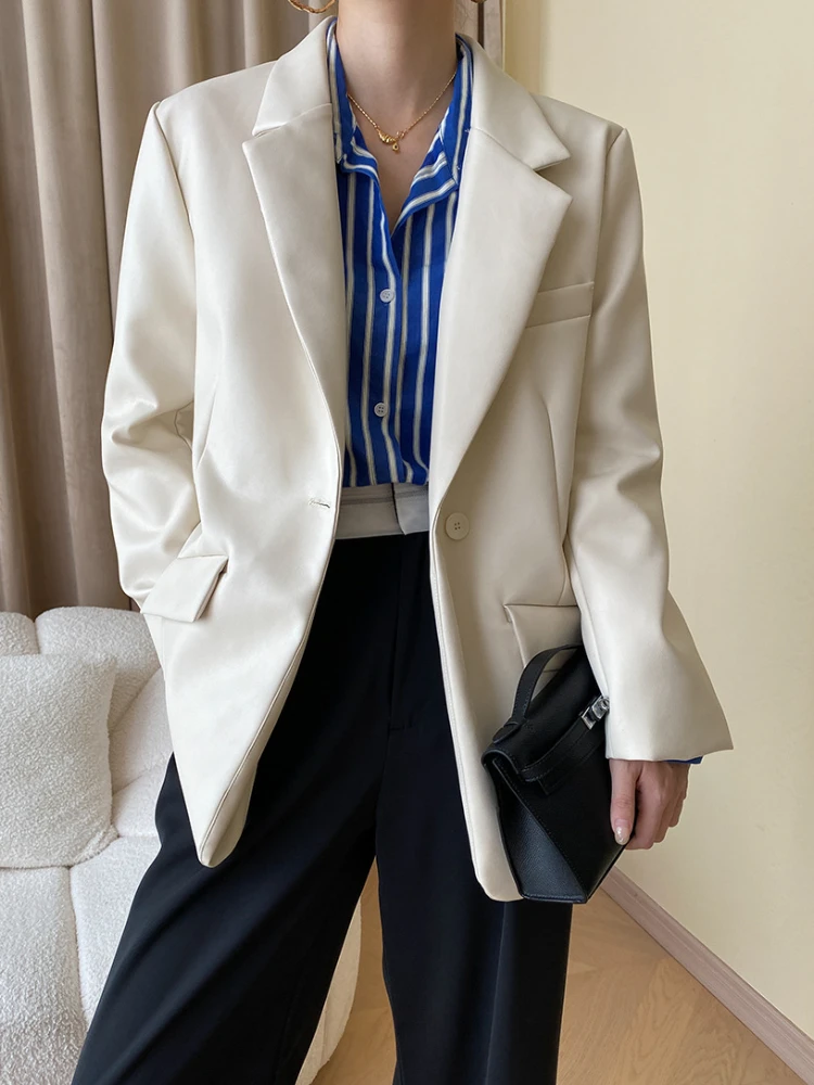 Simple Blazer Leather Jacket for Women Spring Autumn 2024 Trend Single Button Design Office Lady Mid-length PU Leather Coat