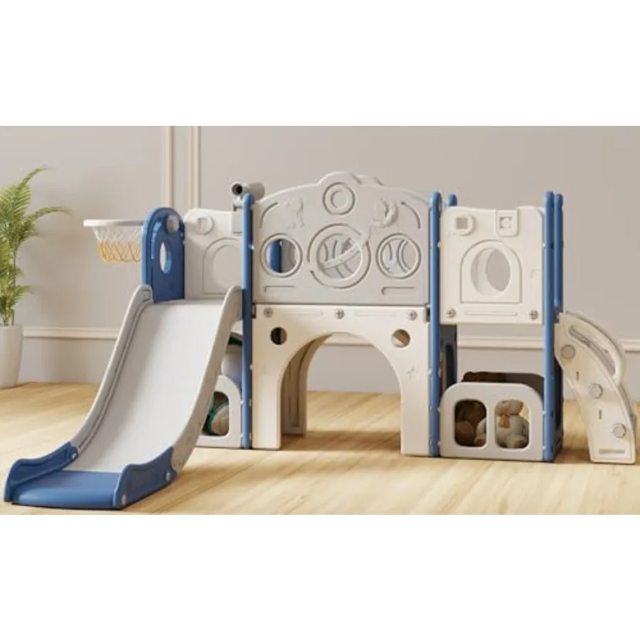 Juego de toboganes 8 en 1 para niños pequeños con aro de baloncesto, telescopio espacial de almacenamiento, juego de parque infantil interior y exterior con temática de astronauta azul f