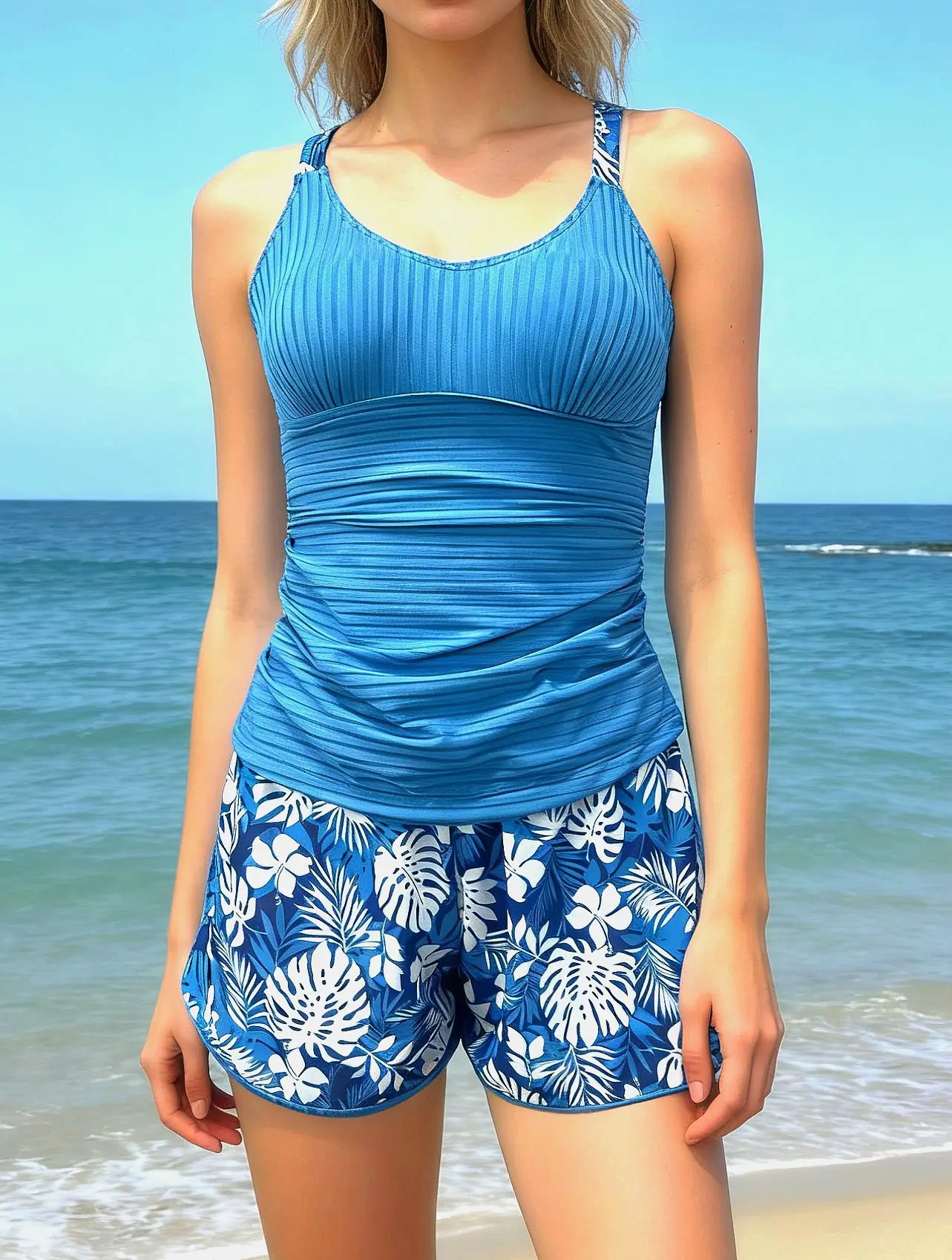 2026 Floral Tankini Set Women Modest Ruched Tummy Control High Waisted Two Piece Swimsuit Backless Swimwear Beach Tankini Sets