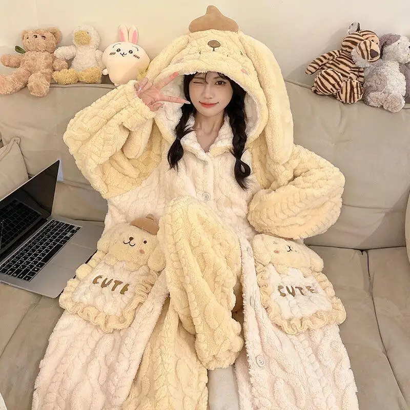 Kawaii Sanrios Pompon Purins Cartoon Pigiama Hello Kittys Ragazze Camicia da notte in velluto Inverno Addensare Accappatoio lungo Casual Abbigliamento per la casa