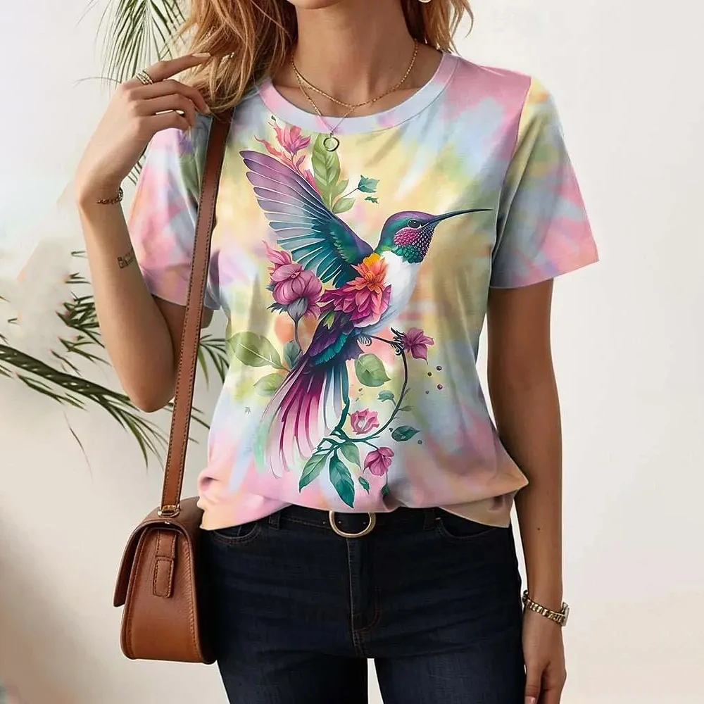 Summer Women's T Shirt bird Print Casual Short Sleeve 3d T-Shirt Fashion Streetwear Crew Neck Pullover Female Oversized Clothing