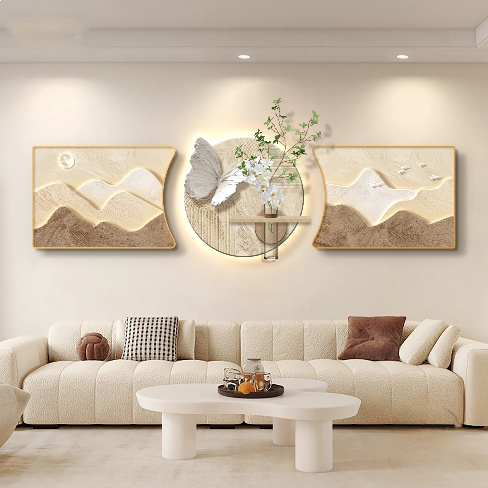 xx-Hydroponic Green Plants Home Decoration Living Room LED Decorative Painting Sofa Bedroom Corridor Wall Triple Mural Lamp