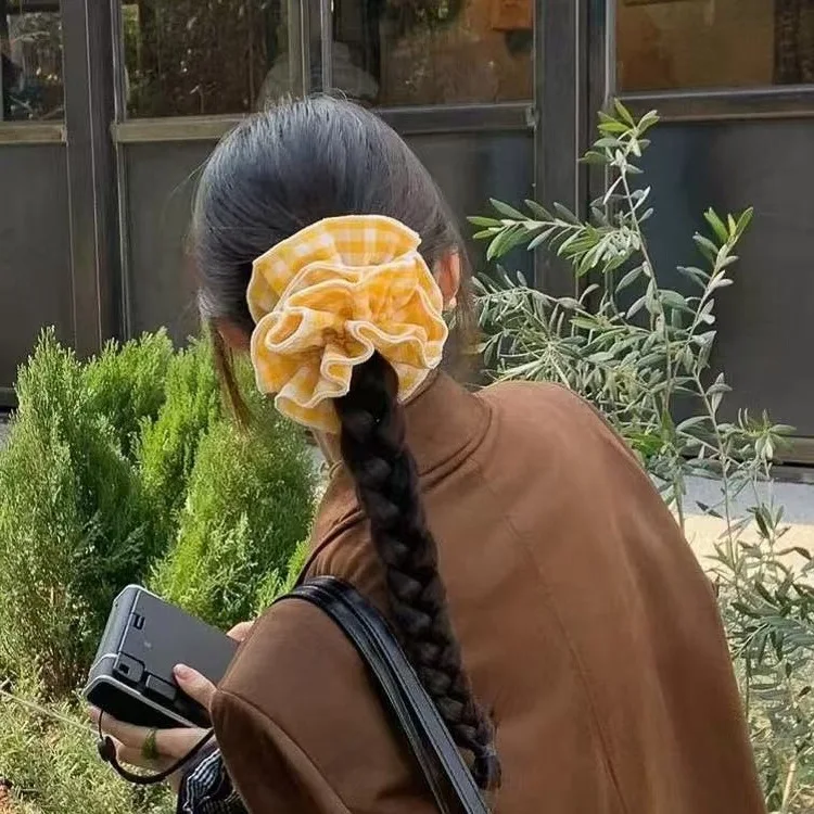 Niedliche Haargummis für Damen im koreanischen Stil, gelb kariert, modisches Haarband, großes, einfaches Kawaii-Haar-Accessoire, süßer Haargummi