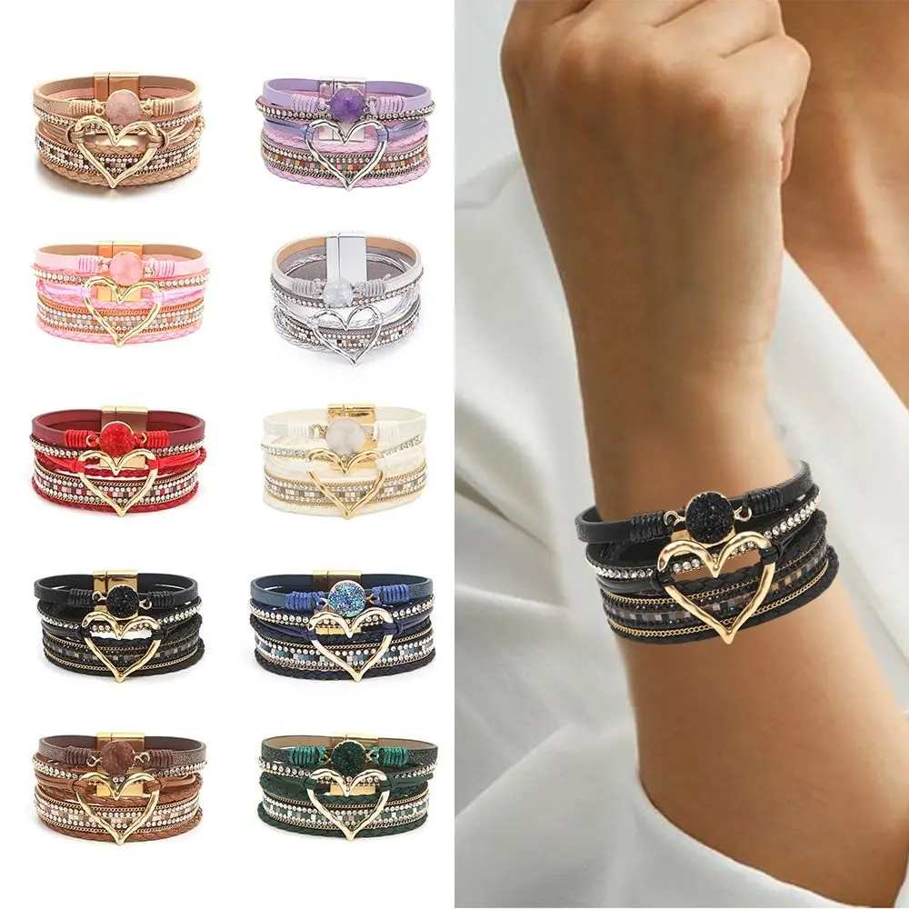 Gelang Multilapis Bohemian Kulit PU Gelang Berlapis Emas Cinta Besar Gelang Kepang Buatan Tangan Kreatif Mode