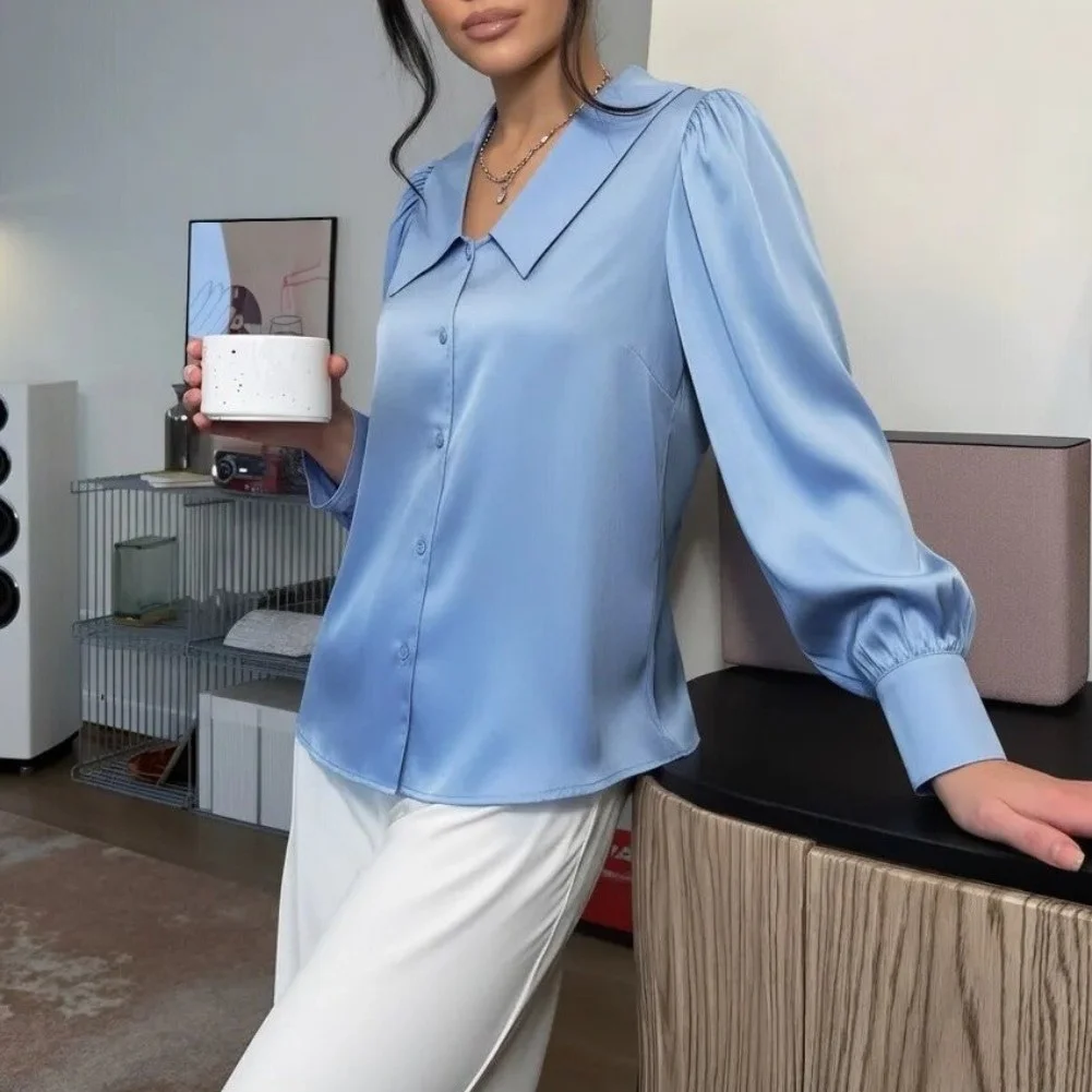 Solid Color Women\'s Shirt Constructed with Wide Lapels and Softly Gathered Puff Sleeves for Leisure Summer Wear