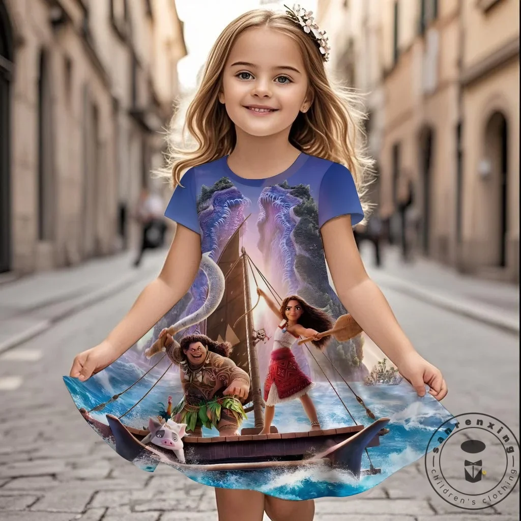 

2025 New Style 3D Print Moana Short Sleeve Dress Cute Children Original Daily Princess Dress Trendy Stitching Casual Home Dress