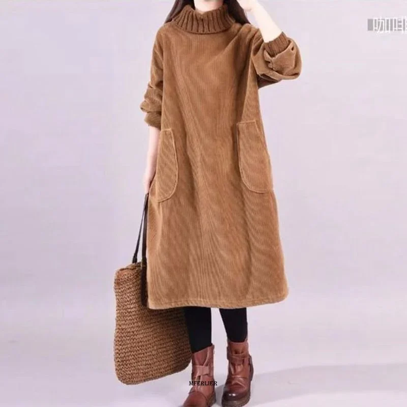 

Corduory Dress Winter FleeceThick Dress Women Lady Vestidos Long Sleeve Turleneck Warm Long Dress A62