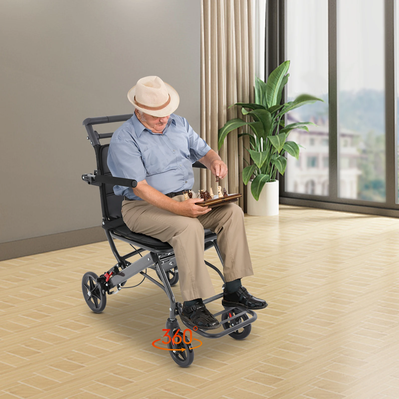 

Folding Aluminum Alloy Transport Wheelchair w/Handbrake & 270° Rotatable Armrest