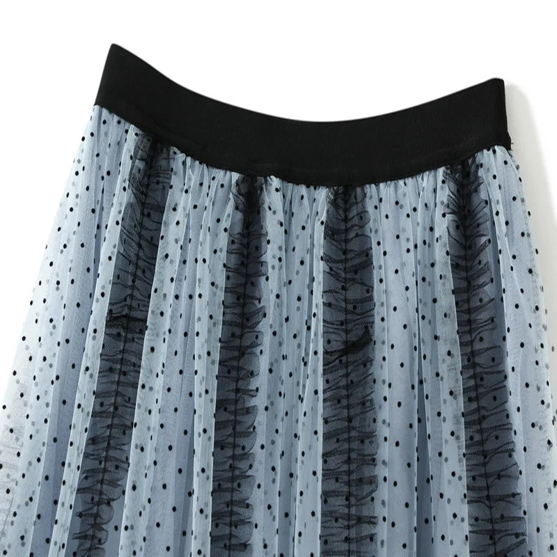 Halblanger Schwerindustrie-Mesh-Rock mit Wellenpunkten und A-Linien-Stil, elegant und hochwertig, blauer Kuchen