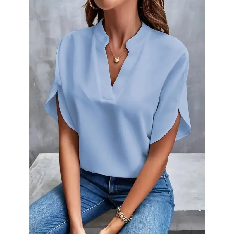 New Summer Women\'s Elegant Commuting Shirt Simple Solid Color Fashion V-neck Short Sleeved Shirt Loose Casual Holiday Shirt