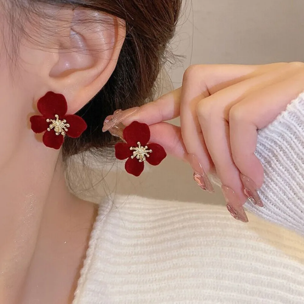 Fashion Flocking Sweet Solid Color Flower Earrings Accessories Decoration Velour Ear Stud Flower Velvet Flower Earrings