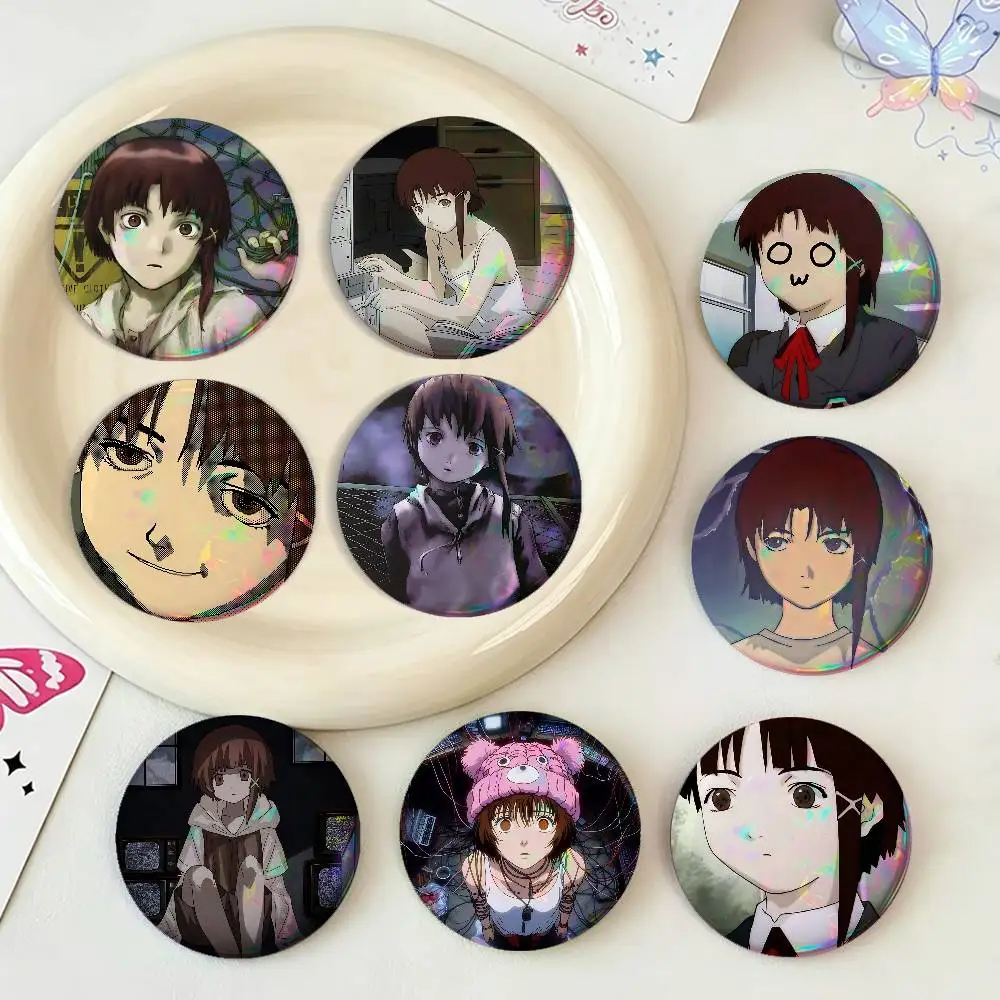 S-Serial Experiments Lain For Badge Laser Holographic Effect Badge Custom Design Metal Lapel Pin Brooch For Backpack Decor