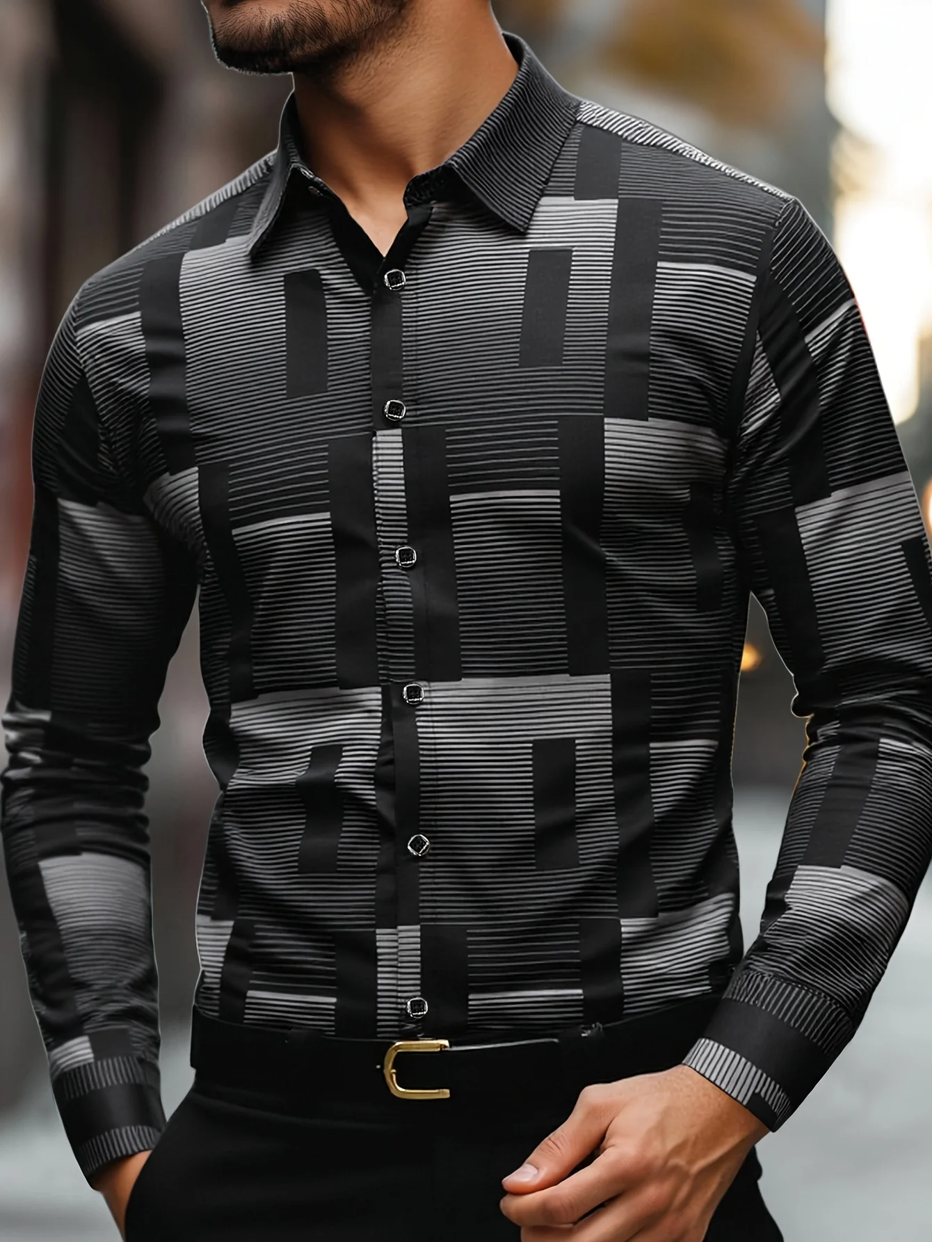 Men's Slim Fit Geometric Print Shirt Machine Washable, Classic Collar Button-Up Front, All-Season Versatile Office Casual Wear