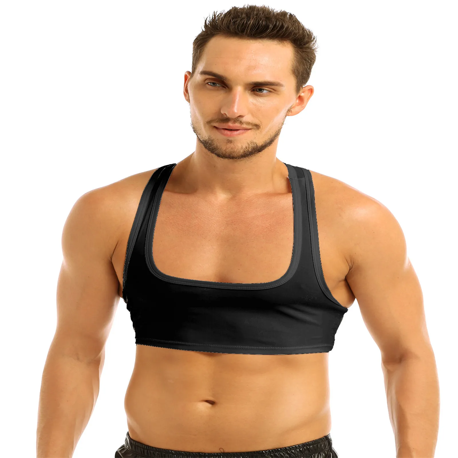 Men Sleeveless Y Back Muscle Tank Top Clubwear Stage Costume Crop Top Performance Sexy Mini Shirts Sports Bra Male Fitness Vest