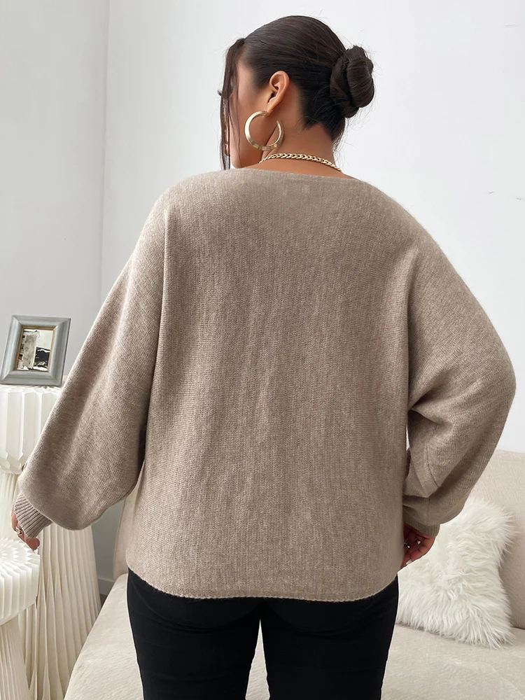 ONELINK Autumn Winter Knitted Tan Khaki Plus Size Pullovers Sweater For Women Casual Hollow Buttons Up Loose Long Sleeves Tops