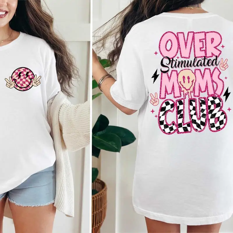 

Funny Mom T-Shirt "OVER Stimulated MOMS CLUB" Y2K Graphic Tee Women Mother's Day Gift Checkered Smiley Face Cotton Top