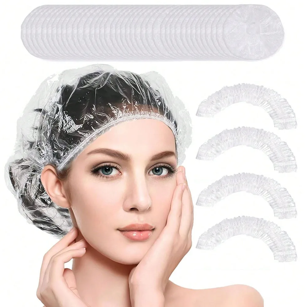 100 Stück Einweg-Duschhaube Haar Transparente Plastikhauten Geeignet für Spa und Heim-Friseursalon Transparente Elastische Duschhaube