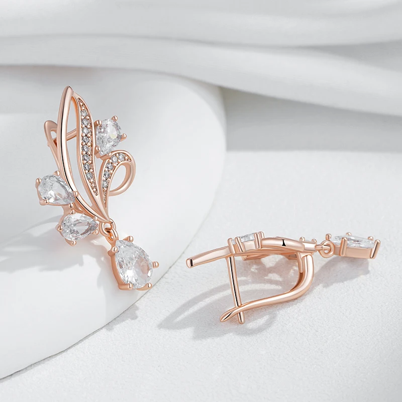 Kinel Hot Shiny Natural Zircon Flower Long Drop Earrings For Women Fashion 585 Rose Gold Color Ethnic Bridal Wedding Jewelry