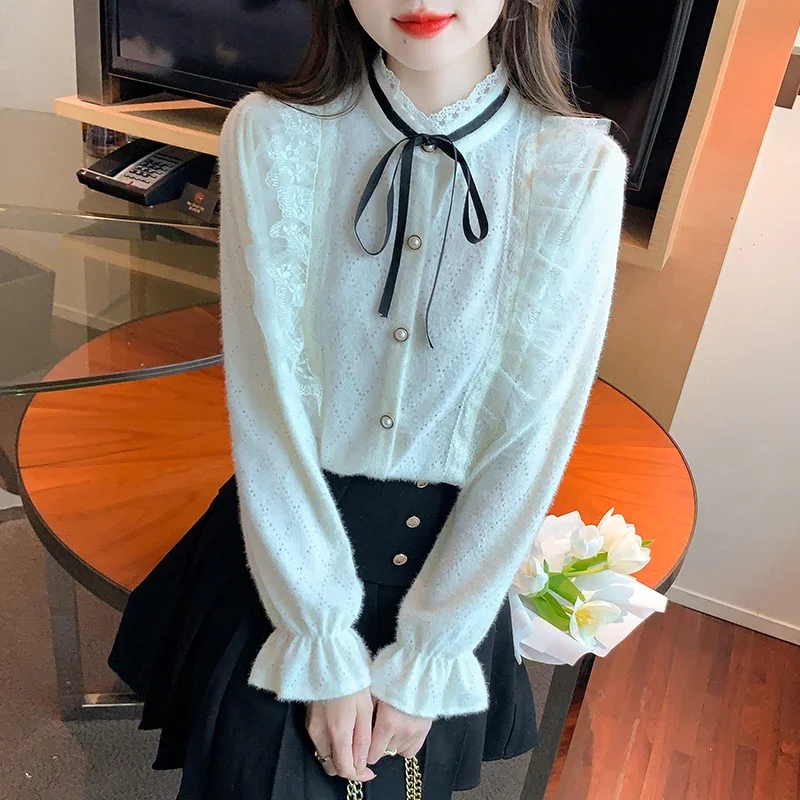 

Autumn New Arrival Women Shirts Color Collision Lace Ruffled Collar Flare Sleeve Office Lady Blouses Female Casual Verstile Tops