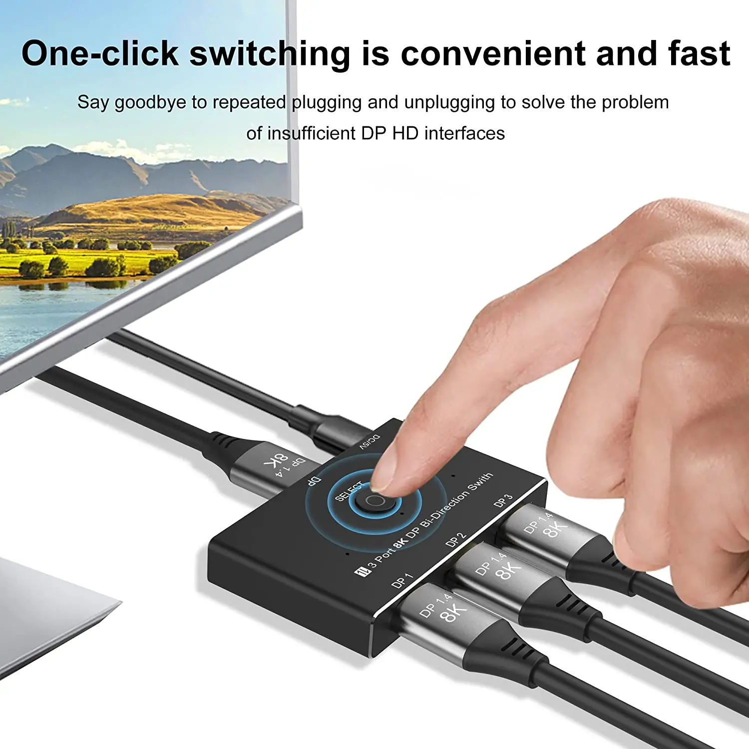 DisplayPort 8K DP 1.4 Switch 3In 1Out 1In 3Out Bi-direction 8K @ 30Hz 4K @ 144Hz Splitter Converter untuk Berbagai Sumber dan Tampilan