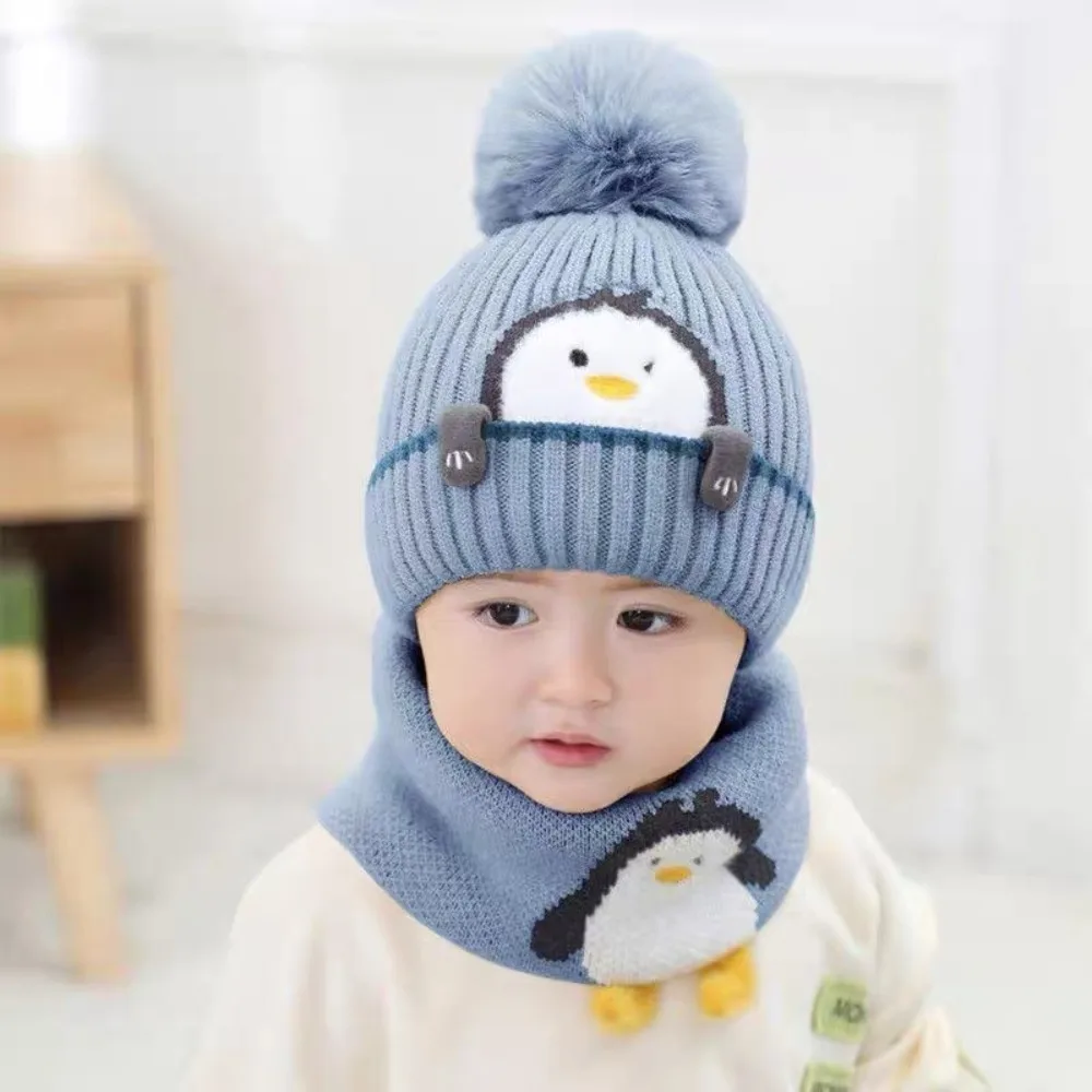 Cute Cartoon Penguin Kids Hat Scarf Set with Earflaps Keep Warm Kids Earmuffs Cap Thick Knitted Cap Winter