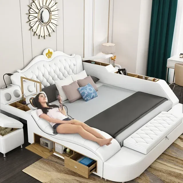 Luxury Leather Smart Bed Multifunctional Bed Tatami King Platform Upholstered Fabric Soft Bed Storage Music Speaker