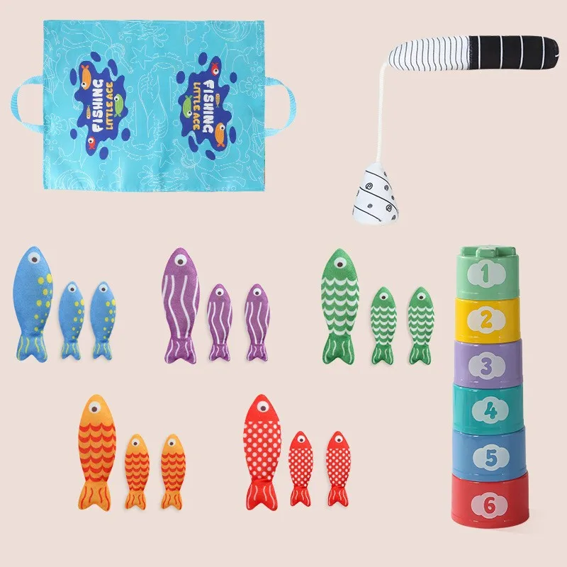 Jouets de poisson Montessori, jeu de pêche en tissu pour les tout-petits de 6 à 12 mois, jouet sensoriel, tasses empilables, comptage des nombres, tri des couleurs, cadeau