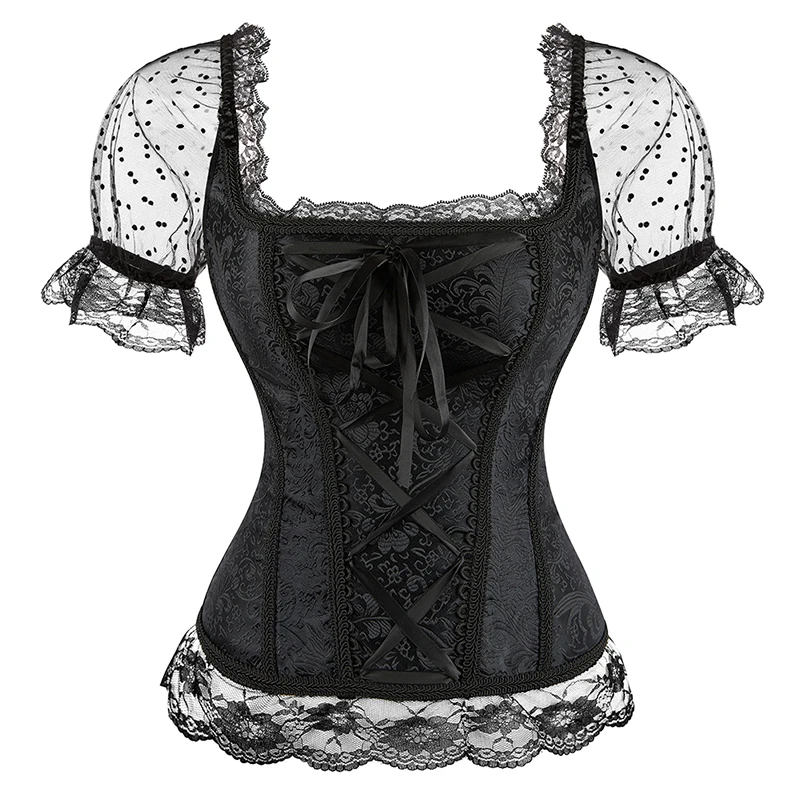 

Lace Up Boned Corset Floral Brocade Overbust Top Black Renaissance Waist Bustier Cincher Corselet