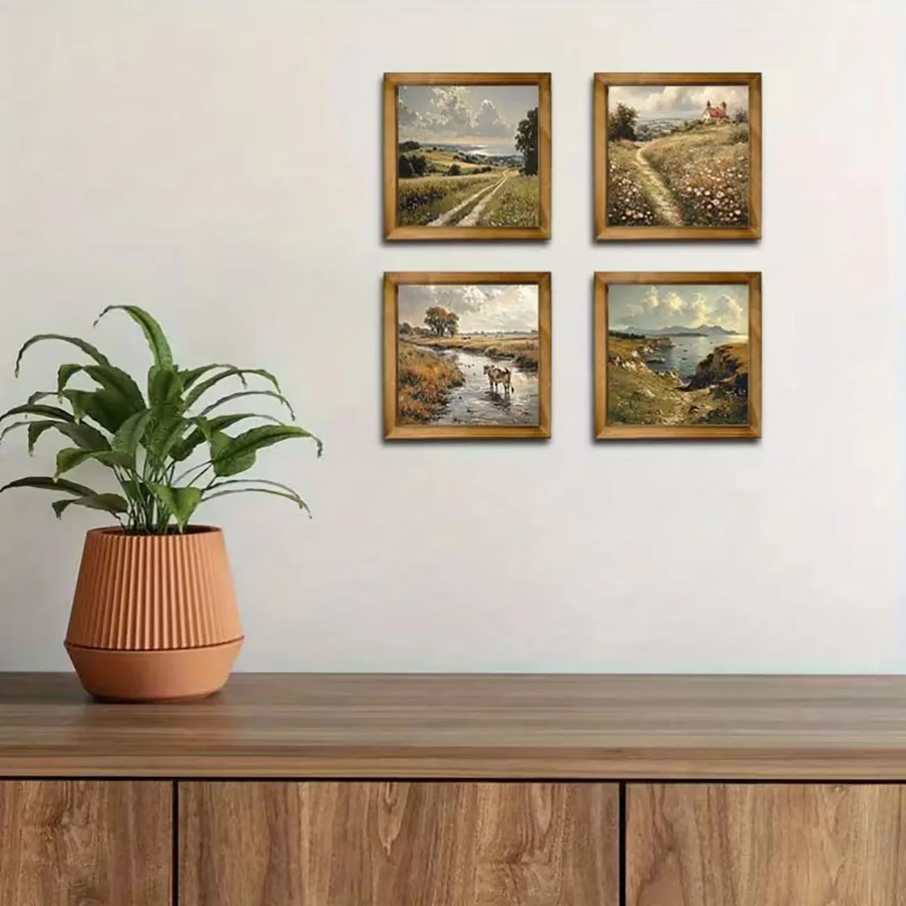 4 pieces of rural landscape wooden wall decoration 2D flat hanging decoration with nano double-sided tape without drilling