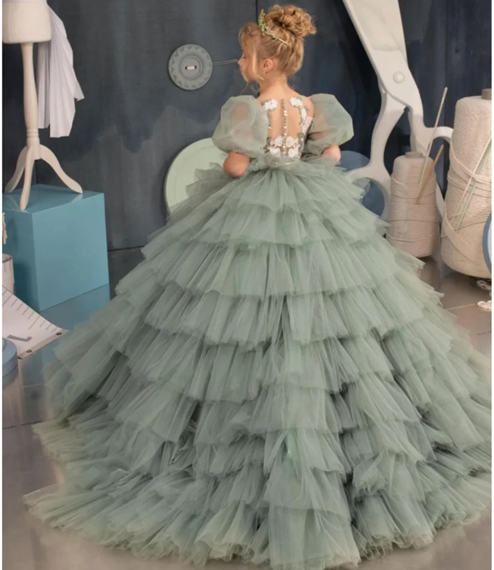 Vestido de flores verdes hinchadas para niña, vestido de princesa para primera comunión, manga de casquillo, vestido de fiesta de boda