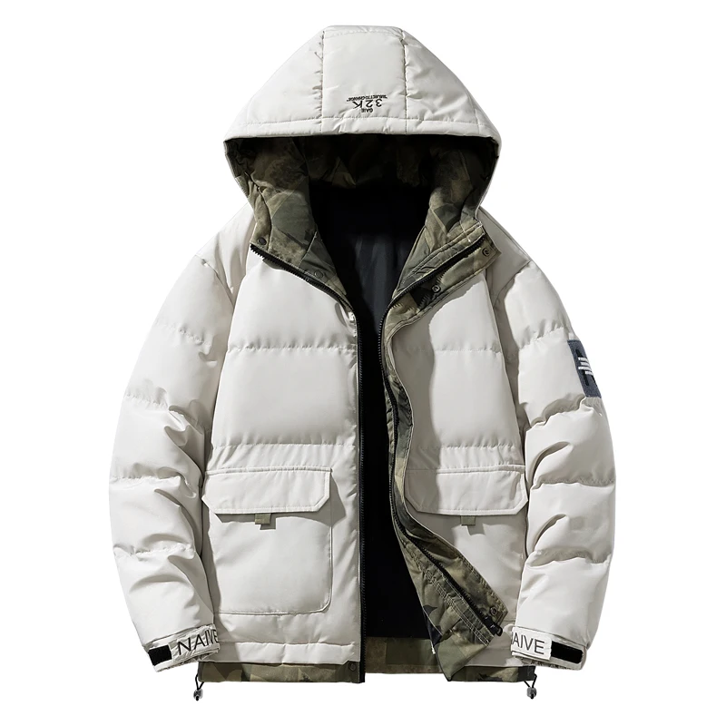 

Men's Winter Thiened Cotton Jaet Warm Hooded Loose Outerwear Windproof Youth Faionable Ci Sle Zipper Closure Coat