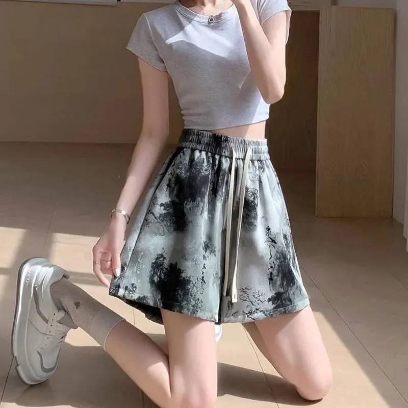 Women\'s Clothing Chinese Style Ink Painting Shorts Stylish Tie Dye Summer Vintage High Waist Elastic Casual Drawstring Shorts