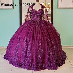 EVLAST Customized Purple Quinceanera Dress Ball Gown Floral Applique Beaded Cape Mexican Sweet 16 Vestidos De 15 Años TQD874