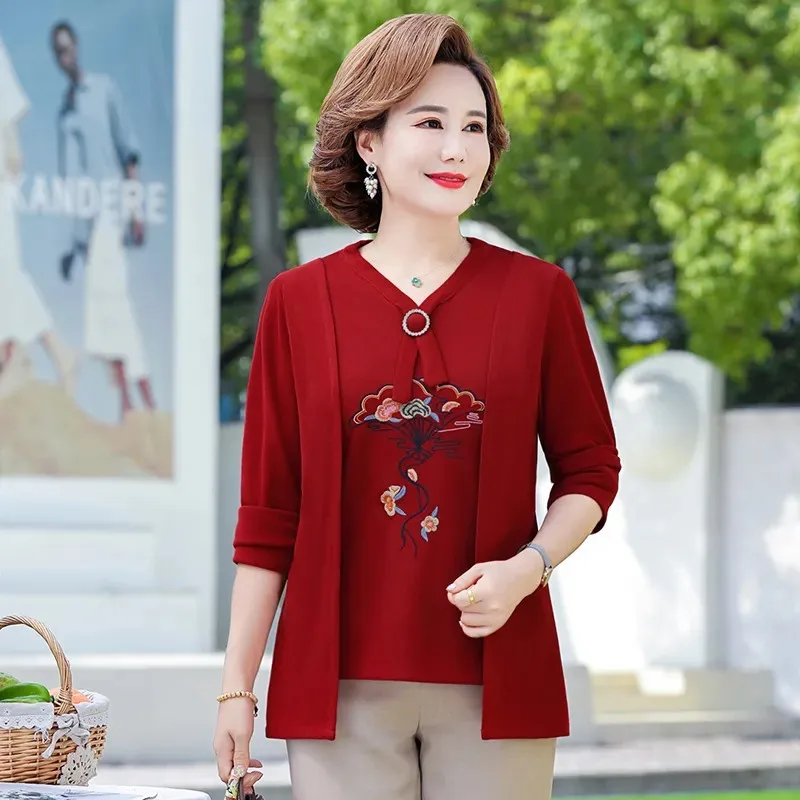 

Spring Autumn Women's T-Shirt Blouse Middle-Aged Elderly Mothers Embroidery Fake Two Knitted Top Fashion Bottoming Shirt Female