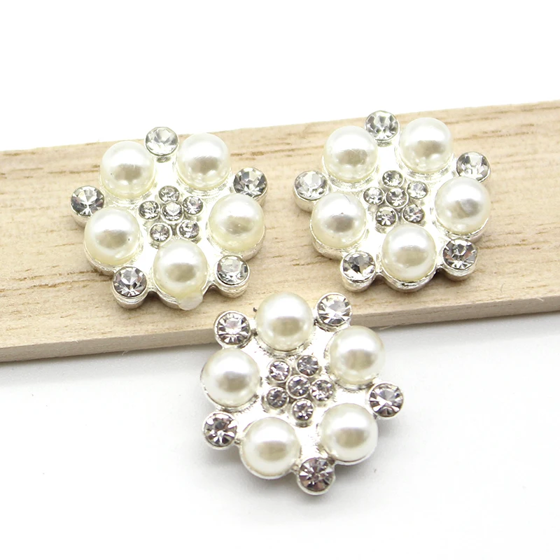 New 10Pcs/Lot 16mm Metal Alloy Flat Pearl Buttons DIY Exquisite Handmade Crystal Bow Wedding Decoration Accessories