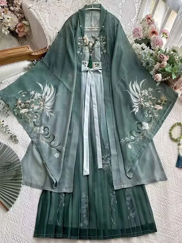 Oversizd 7XL Hanfu Jurk Vrouwen Chinese Vintage Hanfu Sets Halloween Cosplay Kostuum Gedrukt Hanfu Groen 3 stks Sets Plus Size 8XL