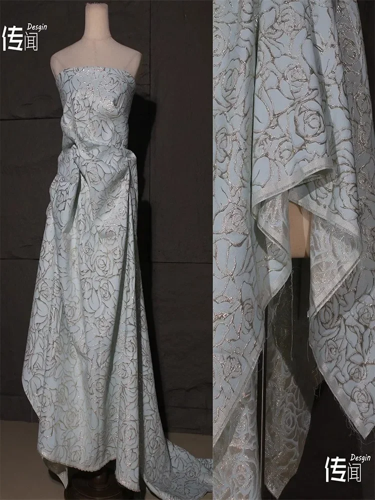 

Golden Thread Light Blue Jacquard Fabric Fashion Apparel Designer for Cheongsam Diy Sewing Per Meter Material Cloth