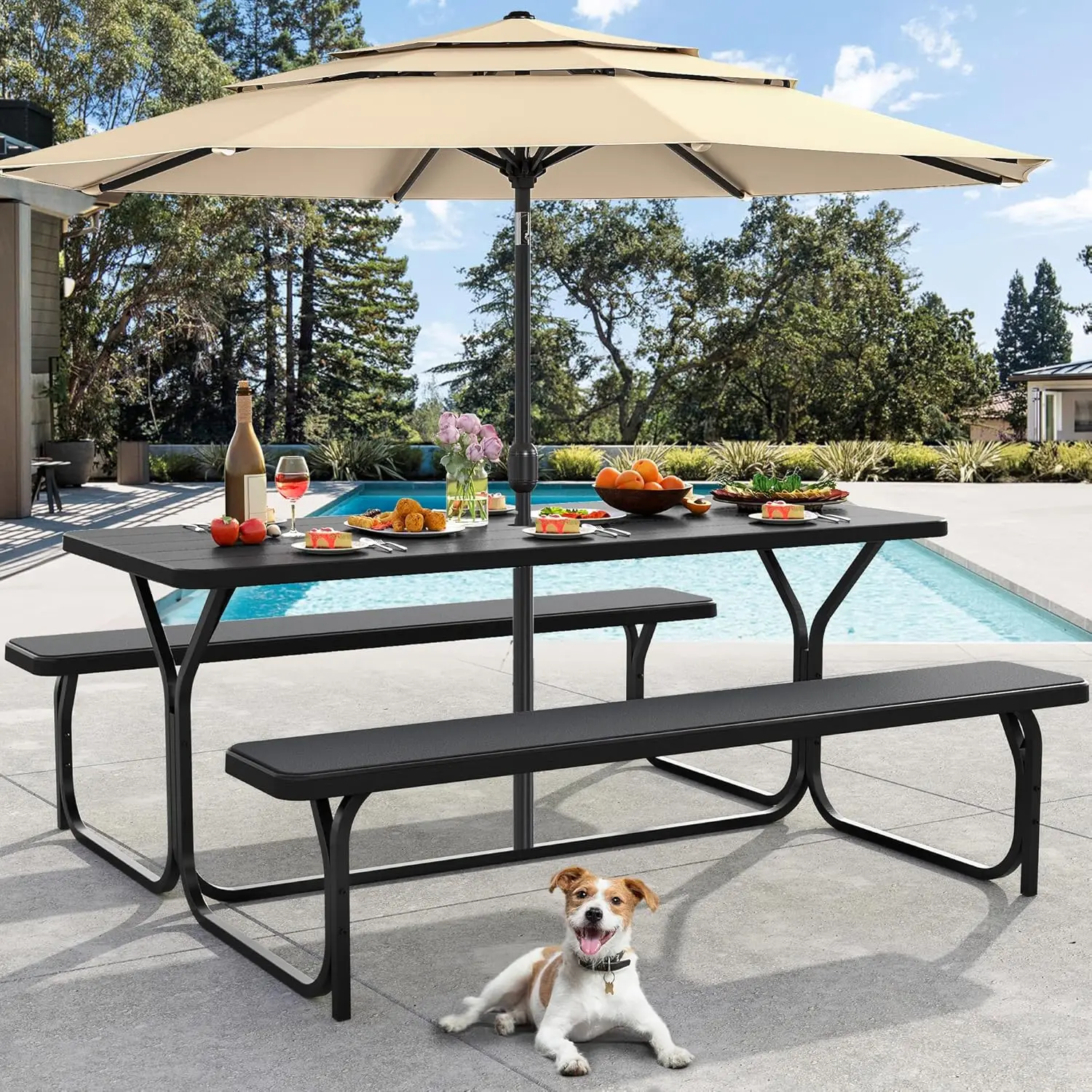 

6FT Picnic Table, Heavy Duty Outdoor Picnic Table and Bench w/Umbrella Hole, Resin Tabletop & Stable Steel Frame, Customized