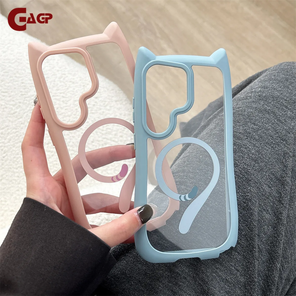 Ins Style Cute Cat Ear Transparent Magnetic Case For Samsung Galaxy S26 Ultra S25 S24 S23 Plus S26 Soft Border Shockproof Cover