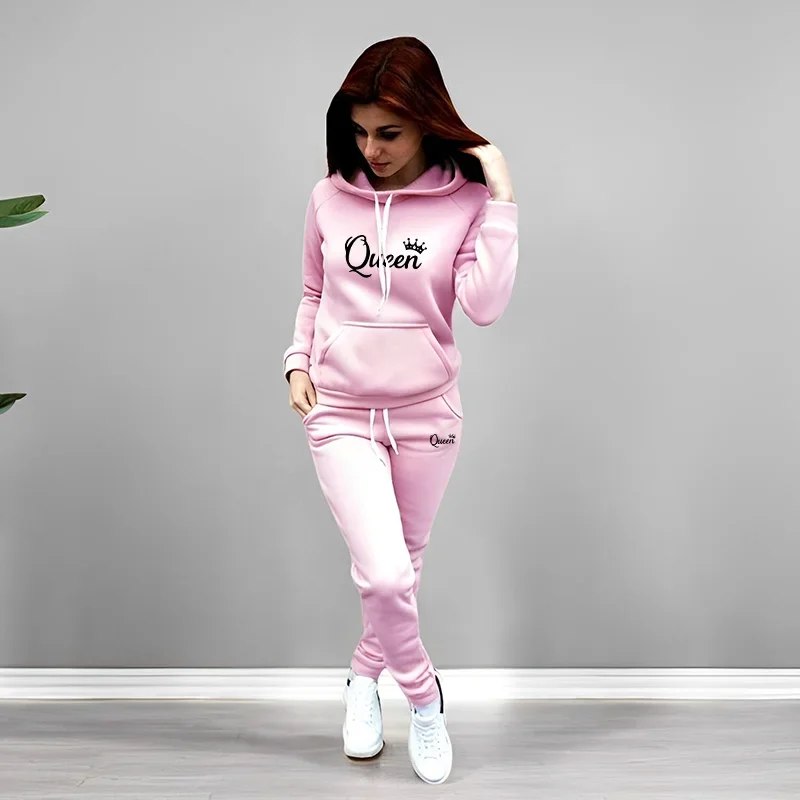 Womens Tracksuit Queen Letter Printing Hooded Sweatshirts Suit High Quality Jogging Outfits Clothing Fashion Casual Pants Sets view 3