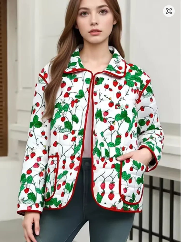 

Women's Fashion Print Panelled Quilted Cotton Jacket Long Sleeve Pocket Cardigan Coat 2025 Autumn Winter Daily Casual Outerwear