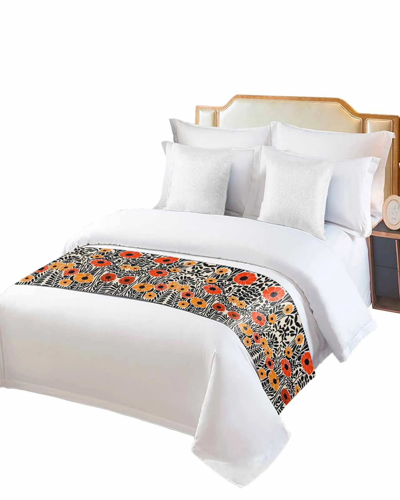 

Abstract Black Orange Flower Bed Runner Luxury Hotel Bed Tail Scarf Decorative Cloth Home Bed Flag