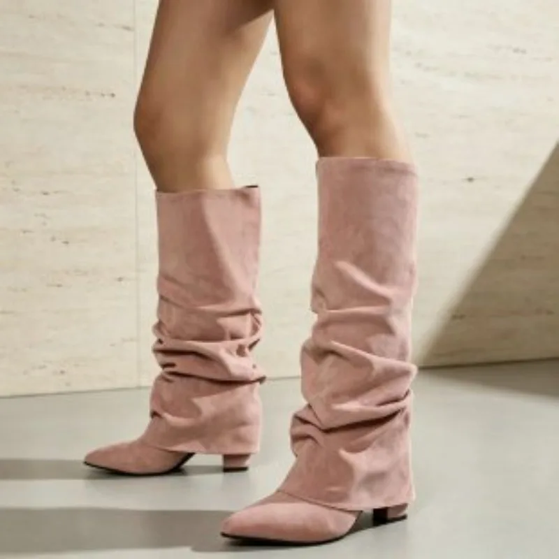 Fashion Retro Pointed Toe Pleated High Heel Women Long Boots 2026 New Fold Cuff Solid Thick Heel Casual Women's Knee High Boots view 3