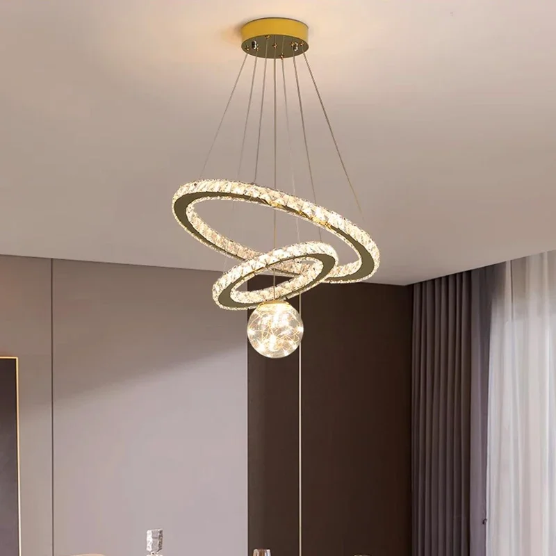 

Modern Hollow Circular Ring Ball Led Pendant Lamp Crystal Dimmable for Living Dining Table Room Bedroom Home Lusters Luminaires