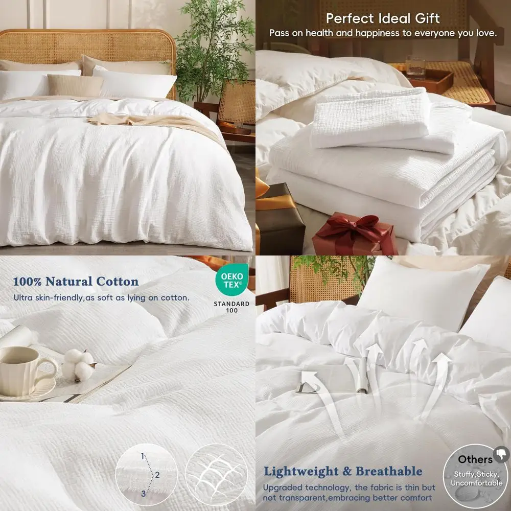 

King Size Cotton Muslin Duvet Cover Set - 3 Piece Ultra Soft Breathable Lightweight Gauze Bedding with 2 Pillowcases