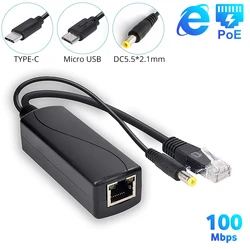 Divisor PoE de 48V a 5V, 12V, Micro USB/Tipo C/CC, IEEE 802.3af, 100Mbps, potencia sobre Ethernet para cámara IP/AP inalámbrico/Raspberry Pi