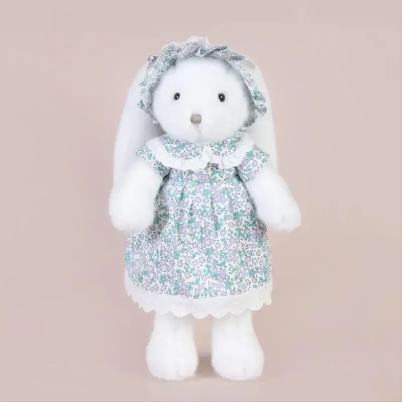 دمية محشوة على شكل أرنب من القطيفة على شكل حيوان مع فستان جميل على شكل زهرة من القطن، دمية مريحة لهدية استحمام الطفل 15UB